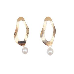 Abstract Gold Pearl Sculpted Sparkle Dangle Earrings